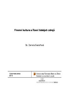 Firemní kultura a řízení lidských zdrojů. Bc. Daniela Svatoňová